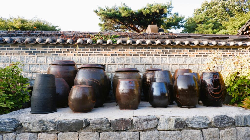 Traditional Korean earthenware jars Jangdokdae in a courtyard
