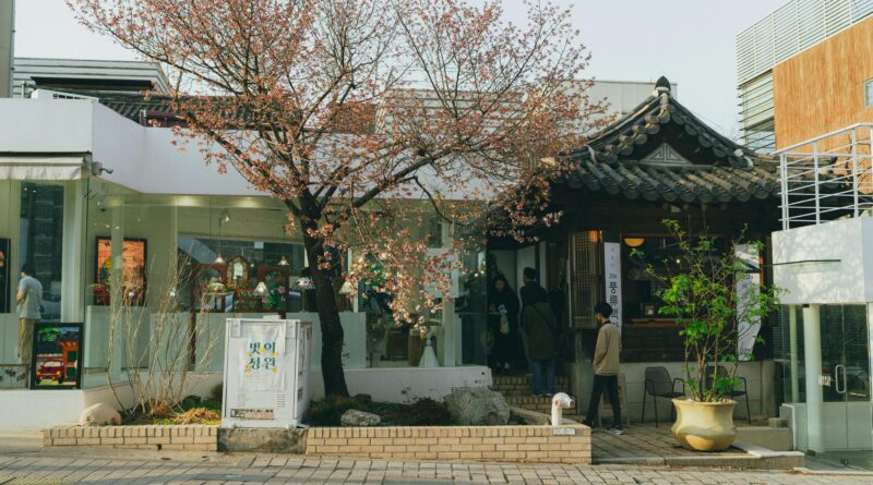 Traditional Korean Hanok architecture with intricate tiled roofs in Seoul, contrasting with modern urban developments
