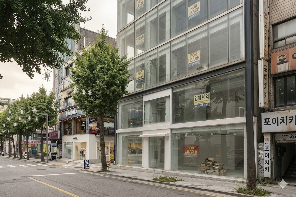Empty stores with for lease signs on Garosu-gil street in Seoul